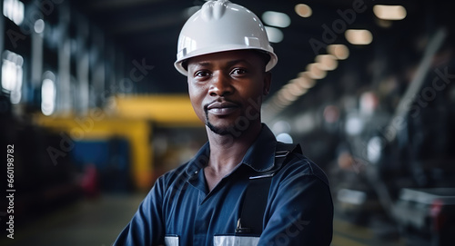 African-american construction worker wearing a helmet 