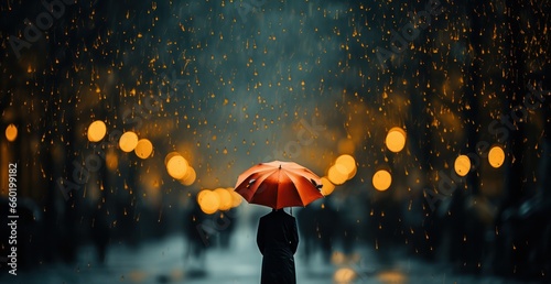 lonely woman with an umbrella in a night park under the light of lanterns, autumn rainy mood photo
