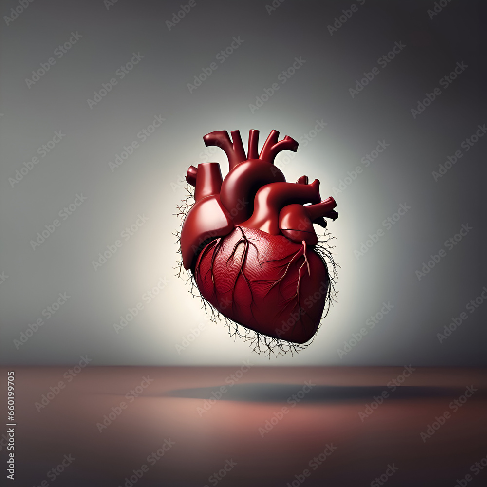 Human heart on gray background. 3d illustration. Copy space.