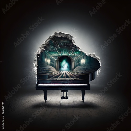 an inside out piano photorealstic on a concert hal stage 