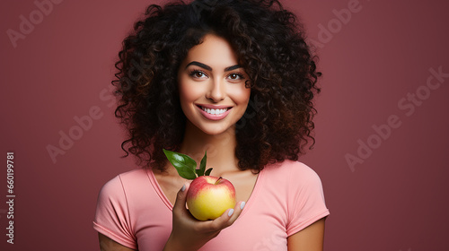 Portr  t einer l  chelnden jungen Frau  die einen Apfel h  lt  rosa Hintergrund.