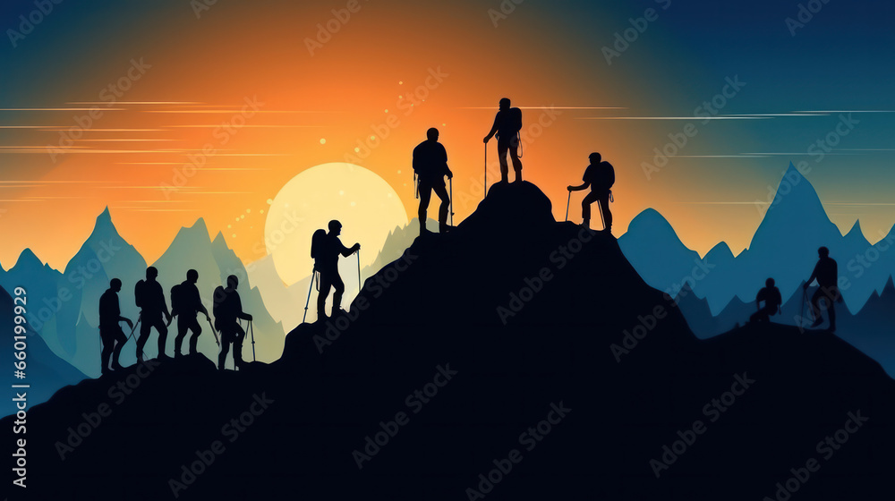 silhouettes of people tourists climbing rocks and mountains. concept of teamwork and support