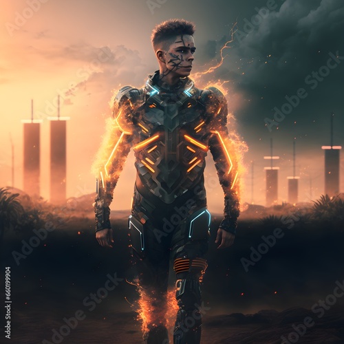 man in mesh layered one piece suit in the year 2042 when earth conditions become inhabitable for humans wind storms and wildfires raging in background taped seams and connection ports on elbows and  photo