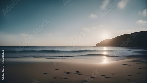 A long exposure of a beach with the sun shining through the clouds