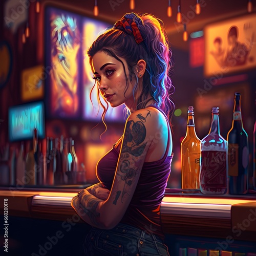 mad cute girl bar lounge bright colors night ambiance cartoon ultra realistic highquality resolution crisp detail perfect hands and fingers  photo