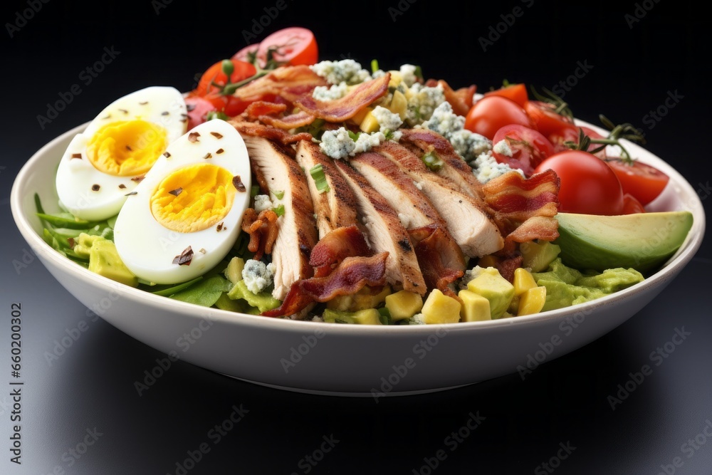 Appetizing Cobb salad. Traditional American cuisine. Popular authentic dishes. Background with selective focus