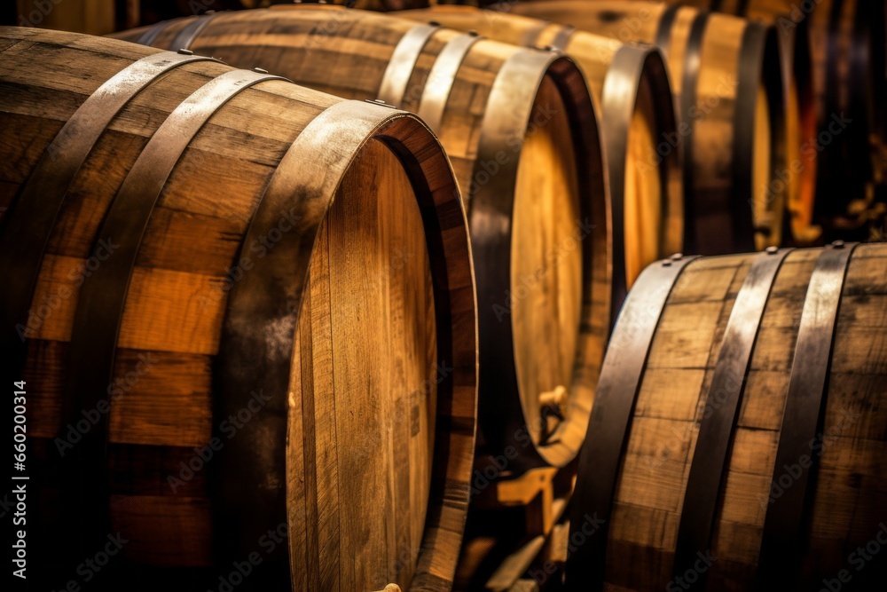 Row of Wine Barrels in an Indoor Cellar. Background with selective focus and copy space