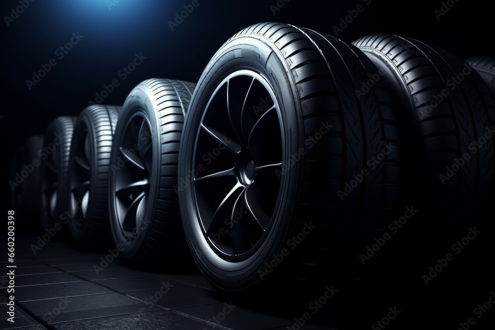 New car tires on a black background. Background with selective focus and copy space New car tires on a black background. Background with selective focus and copy space