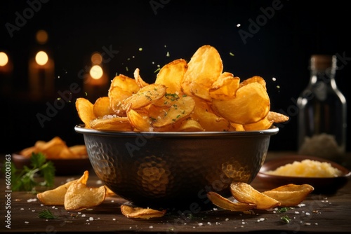 Potato chips. Background with selective focus and copy space