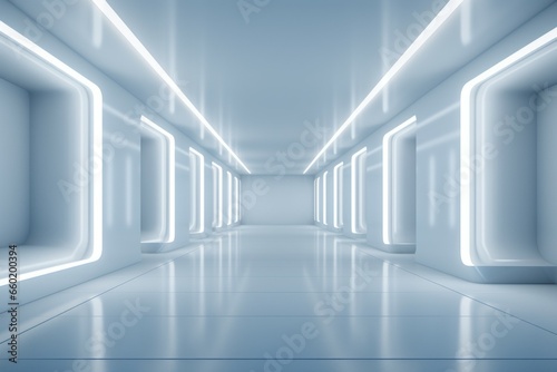 Long empty corridor with neon lights. Background with selective focus and copy space