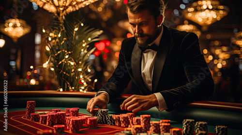 Poker players at the table in the casino with chips