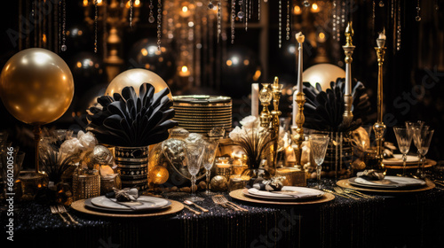 Festively laid table in the colors black and gold