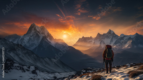 A man with a large backpack hikes in the mountains © jr-art