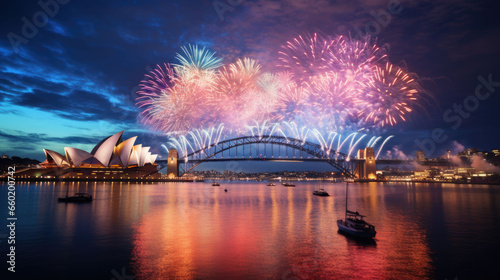 New Year's Eve fireworks in Australia, reflections in the water and a back in the middle