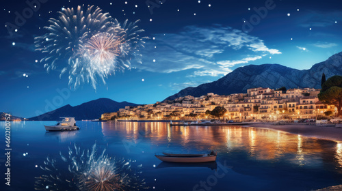 Fireworks over a small Greek seaside town with boats on the water