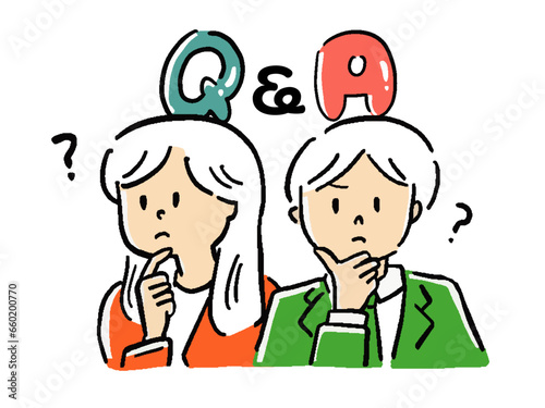 Q&A 疑問に思うビジネスマンとOLの文字入りイラスト