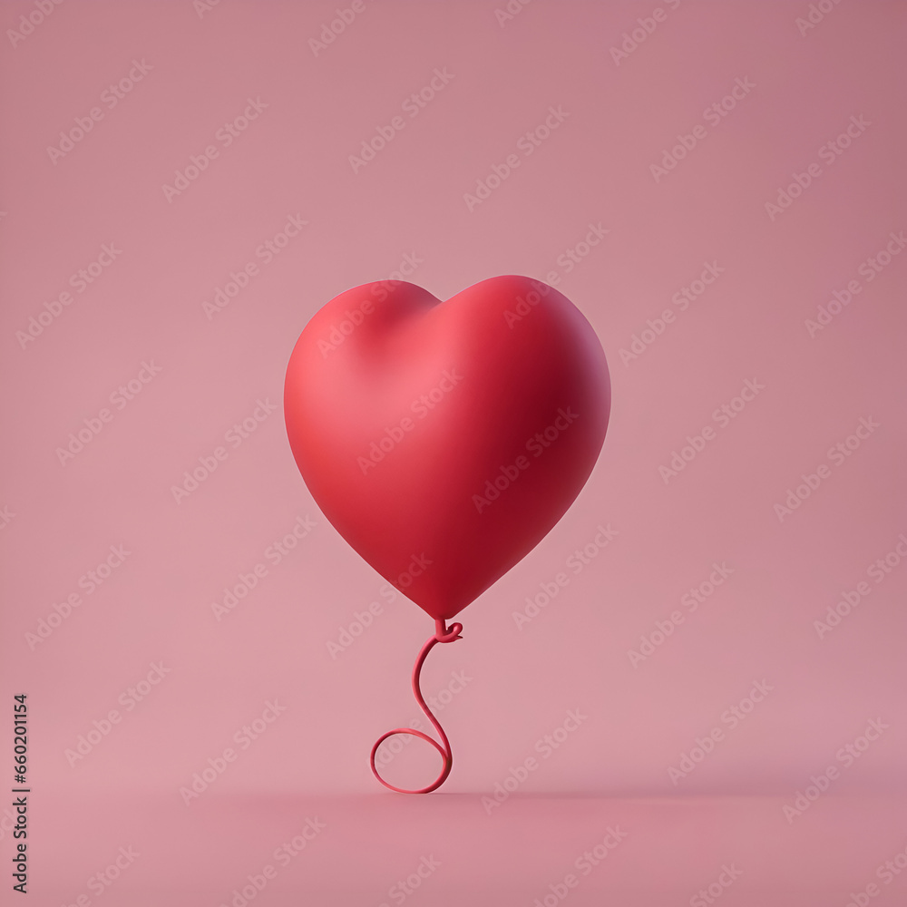Red heart shaped balloon on pink background. 3d render illustration.