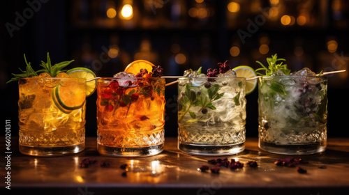 Four delicious cocktails with lots of ice are lined up next to each other in a rustic bar