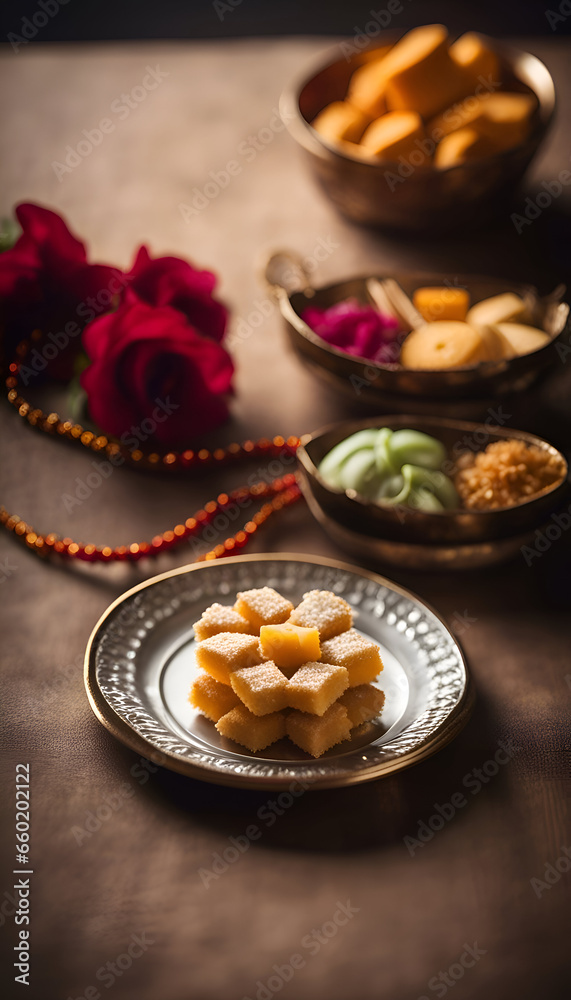 Indian Traditional Sweet Food Rangoli for Diwali or any other festivals. selective focus
