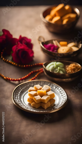 Indian Traditional Sweet Food Rangoli for Diwali or any other festivals. selective focus