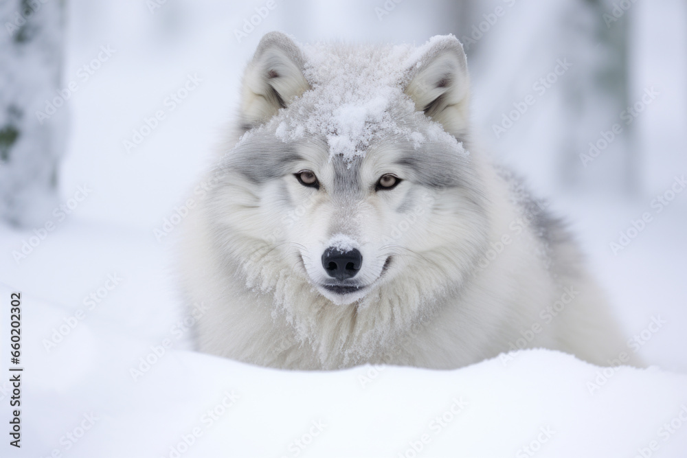 Obraz premium Wolf is laying down on the snow. Its fur is white and gray, snowy forest with trees, portrait