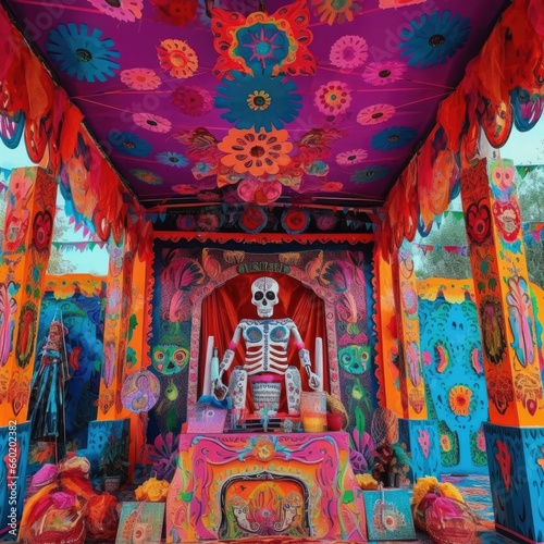 Colorful festival toy theater with skeleton. © Margo_Alexa