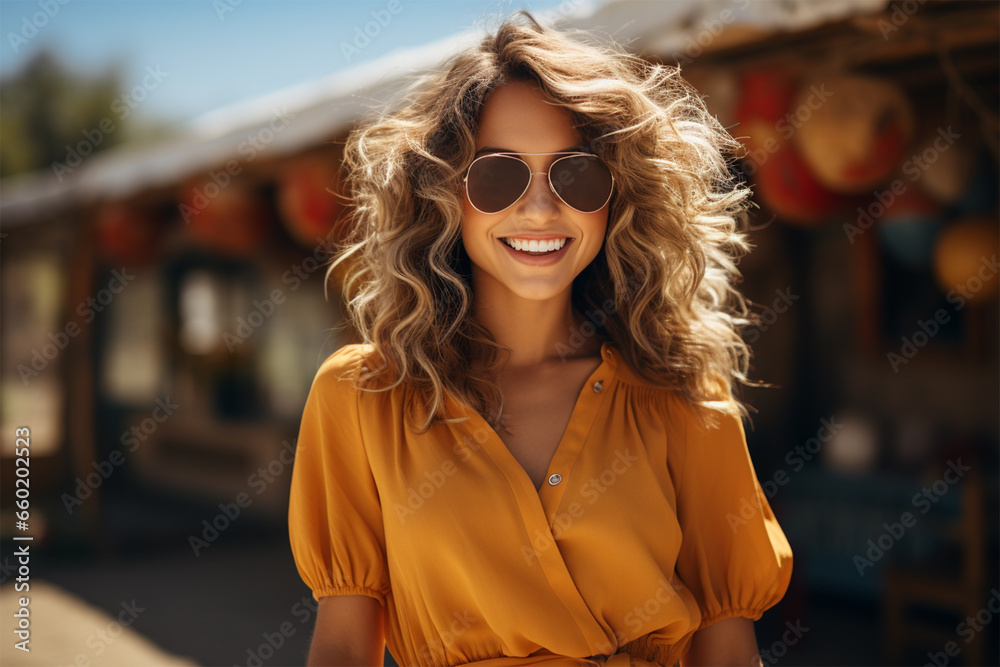 portrait of a happy beautiful blonde woman with wavy hair in a yellow dress and glasses on a blurred street background portrait of a happy beautiful blonde woman with wavy hair in a yellow dress and glasses on a blurred street background