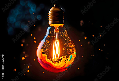 Glowing light bulb with splashes of bright paint and sparks on a black background