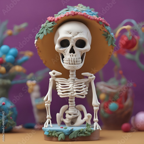 Skeleton in a mexican sombrero on a purple background