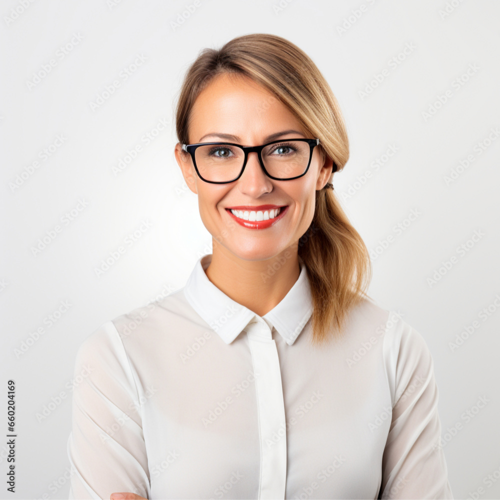photograph modern school teacher. Smiling. White background