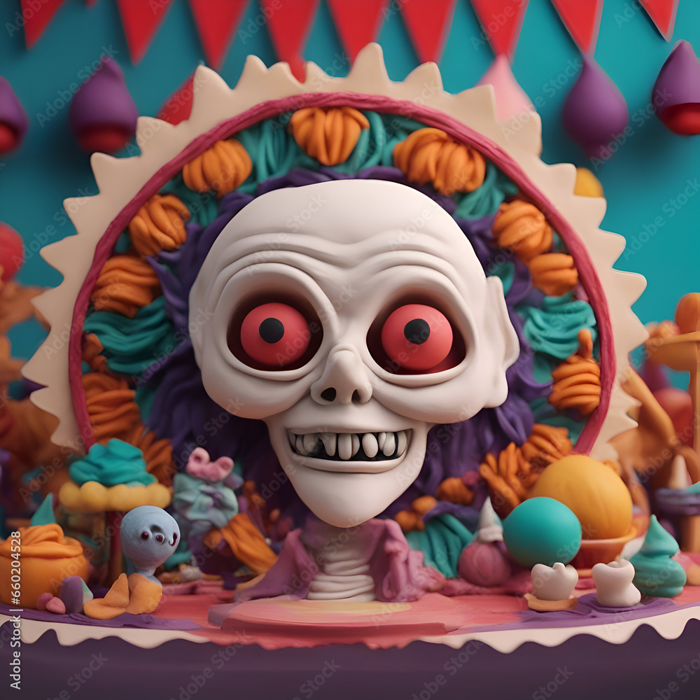 Halloween cupcakes with zombie face. 3d illustration. 3d render