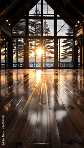 Open floor at mountain cabin - sunset - sunrise - lake house - wood floors - vacation - getaway - holiday - vertical view 