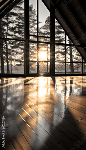 Wood floors - large windows - snow - forest - background - low angle shot - worm’s eye view 