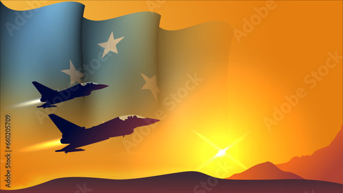 Foto fighter jet plane with micronesia waving flag background design with sunset view