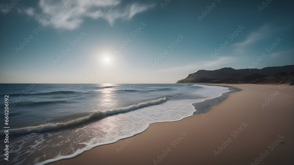 Beautiful seascape with sand dunes and ocean waves at sunset