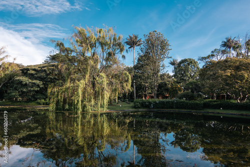 Bogotá, Colombia. May 11, 2023: Bogotá Botanical Garden José Celestino Mutis with lake landscape and blue sky.