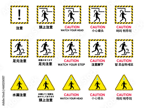 足元注意・頭上注意の標識のアイコンセット（トラロープ柄）