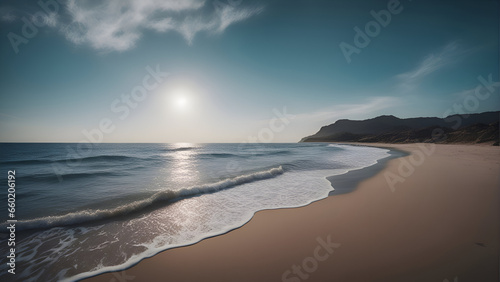 Beautiful seascape with sand dunes and ocean waves at sunset