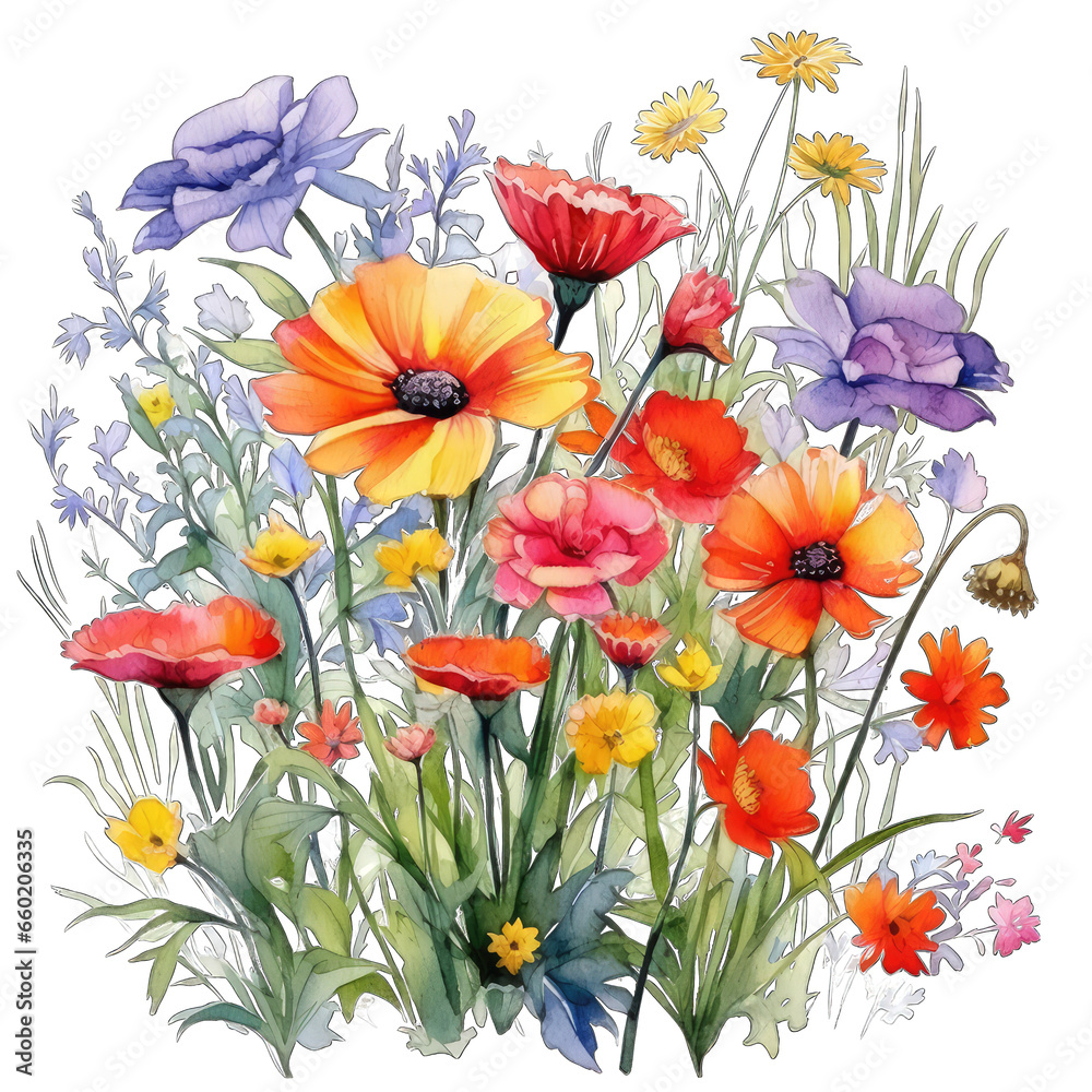 Beautiful bunch of wildflowers, watercolor, isolated on white transparent background