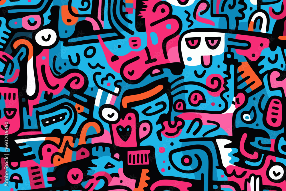 graffiti quirky doodle pattern, wallpaper, background, cartoon, vector, whimsical Illustration