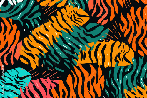 Tiger stripe quirky doodle pattern, wallpaper, background, cartoon, vector, whimsical Illustration
