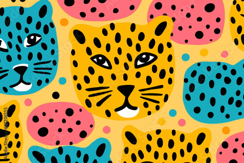 Leopard quirky doodle pattern, wallpaper, background, cartoon, vector, whimsical Illustration