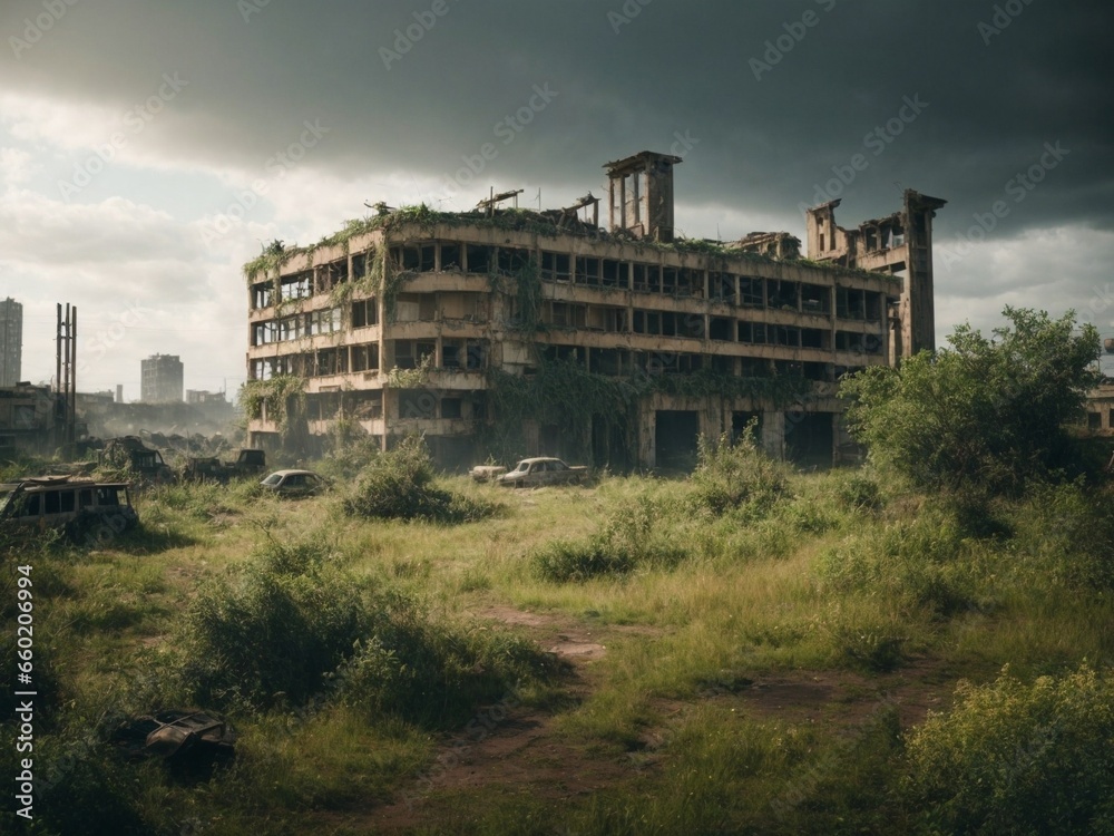 a post-apocalyptic game world with ruined cities and overgrown nature