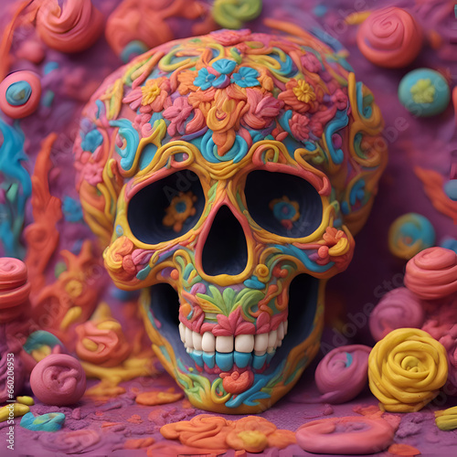 Colorful sugar skull on colorful background. Day of The Dead.