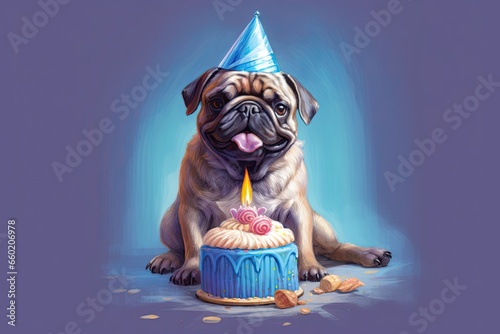A Happy Birthday Pug, Sitting Next to a Cake with a Party Hat - Adorable Pug Celebrating with a Cake and Party Hat, generative AI