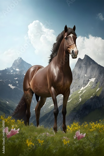 a photographic real horse on a flowered meadow sunshine Mountains in Background 