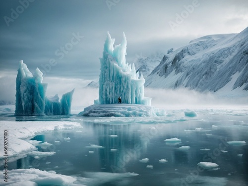 ِAn arctic game environment with ice castles, frozen lakes, and mystical creatures