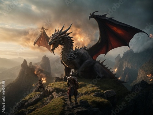 a scene with dragons, warriors, and magical landscapes photo
