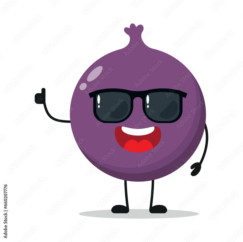 Obraz premium Cute happy fig character wear sunglasses. Funny fruit greet friend cartoon emoticon in flat style. closet vector illustration