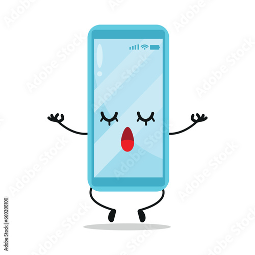 Cute relax smartphone character. Funny yoga mobile phone cartoon emoticon in flat style. smartphone meditation vector illustration